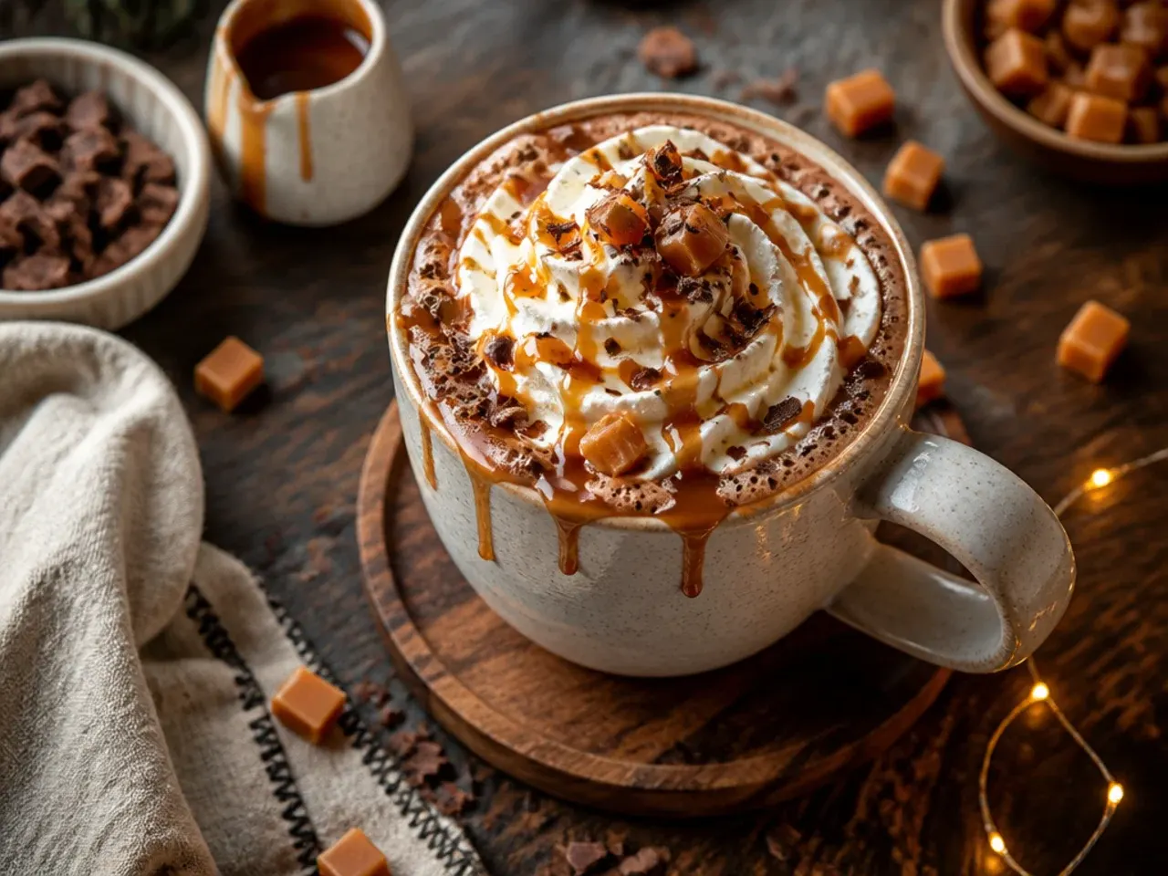 Hot chocolate drizzled with caramel sauce and topped with sea salt