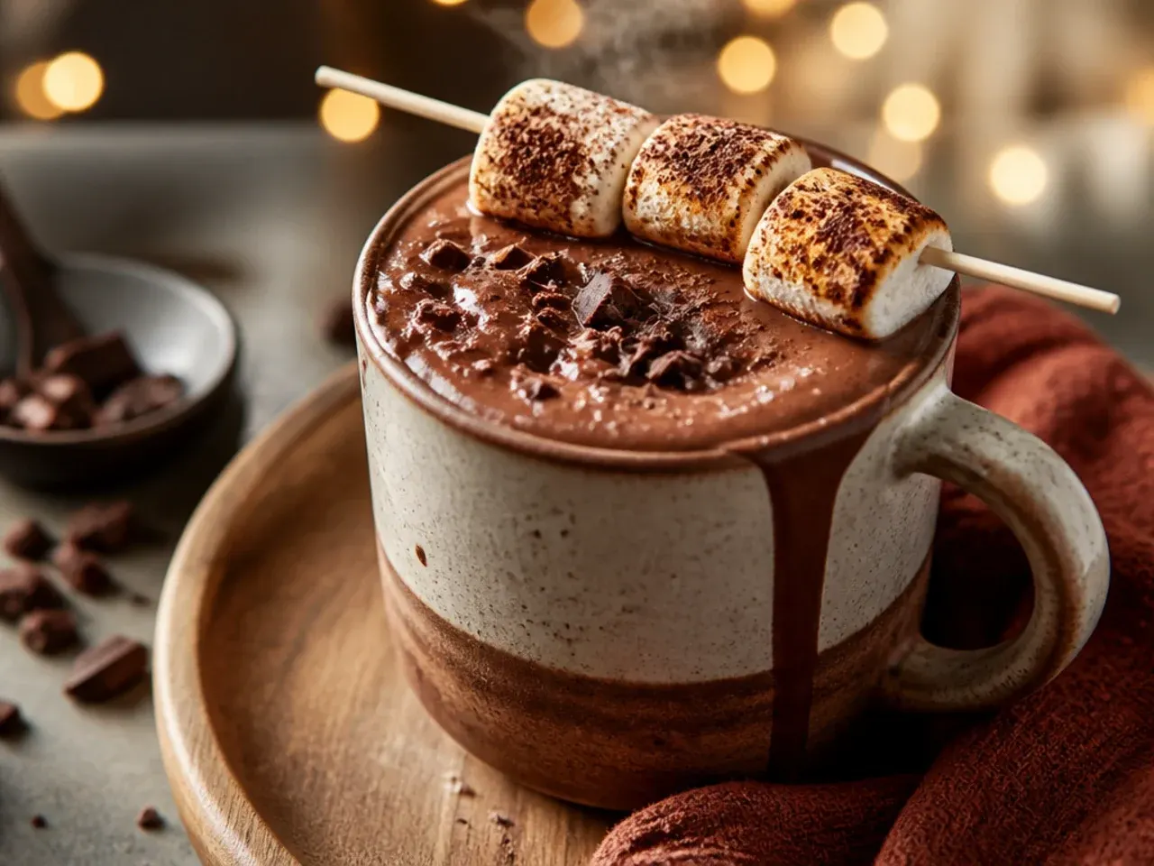 Small cup of extra-thick Italian-style hot chocolate with a spoon standing upright