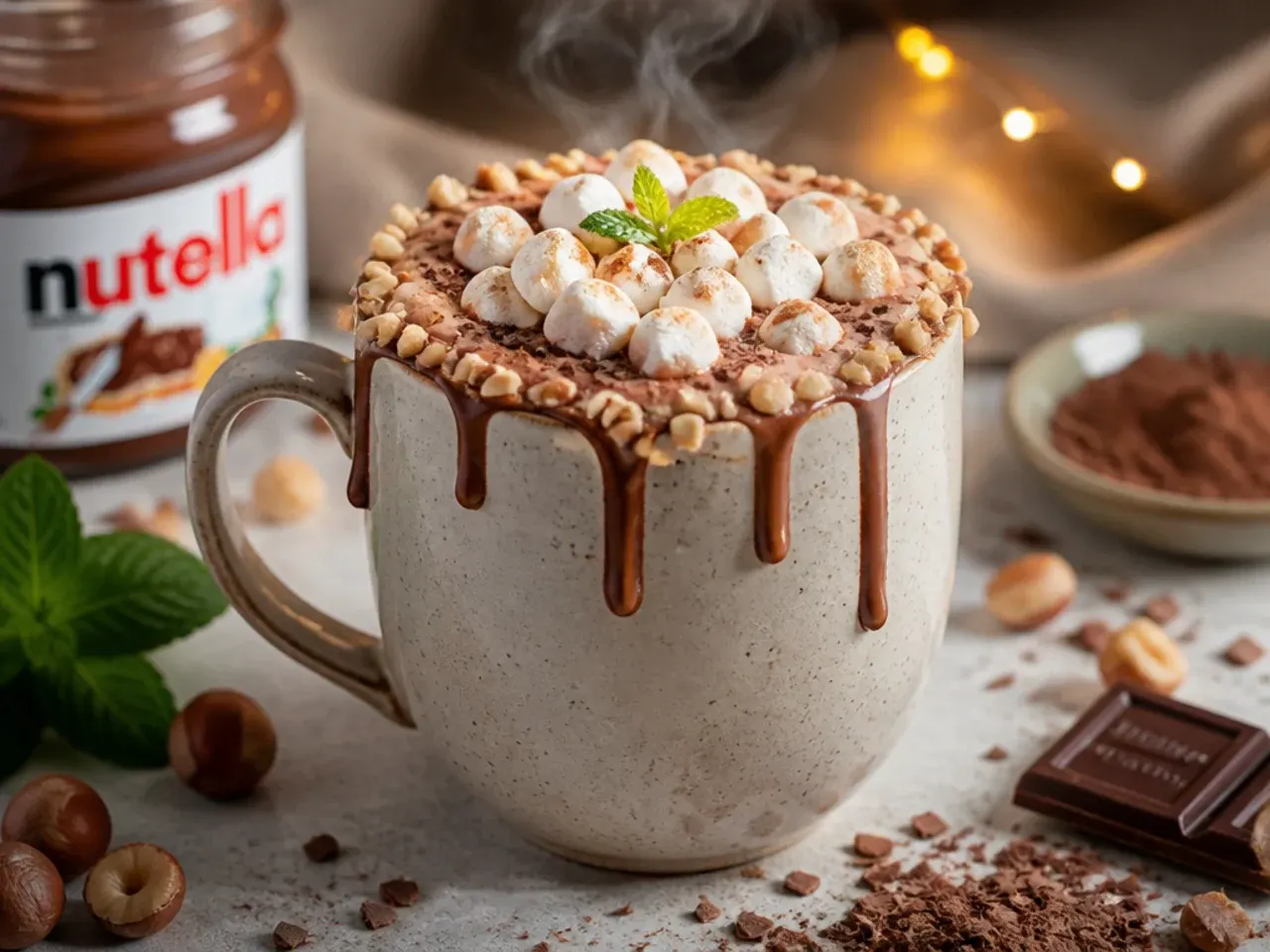 Hazelnut hot chocolate topped with whipped cream and crushed hazelnuts