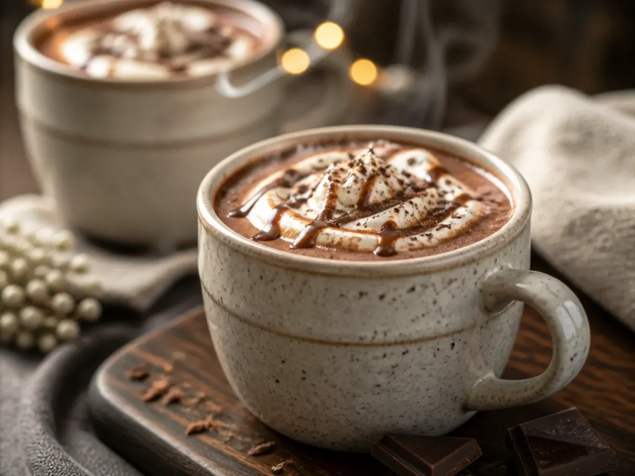 Slow cooker full of hot chocolate with a ladle and stack of mugs nearby