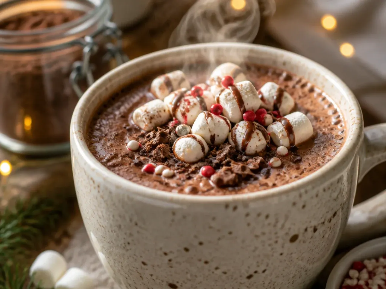 Jar of homemade hot chocolate mix with a scoop and ribbon