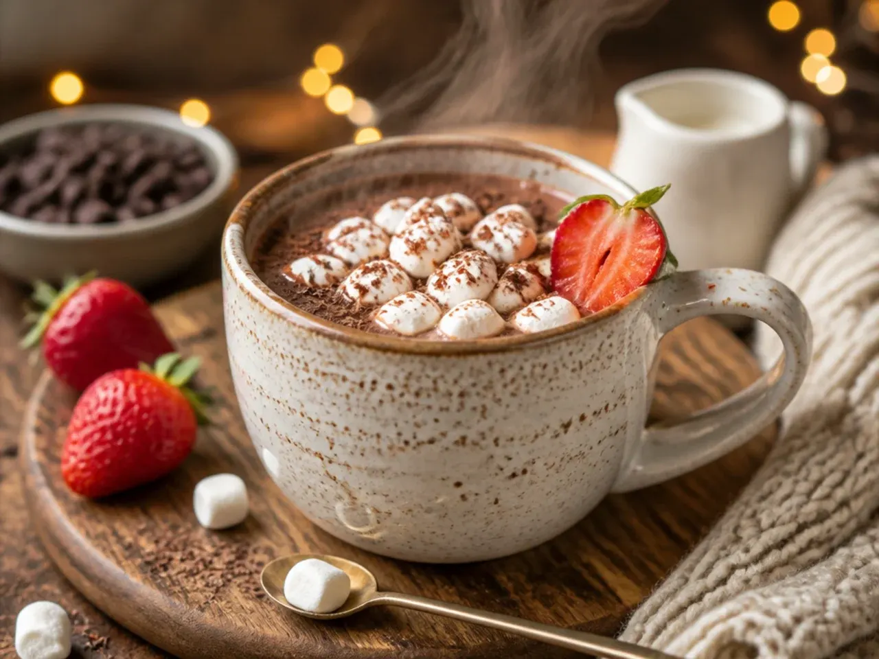 Children's mugs of hot chocolate topped with marshmallows and sprinkles