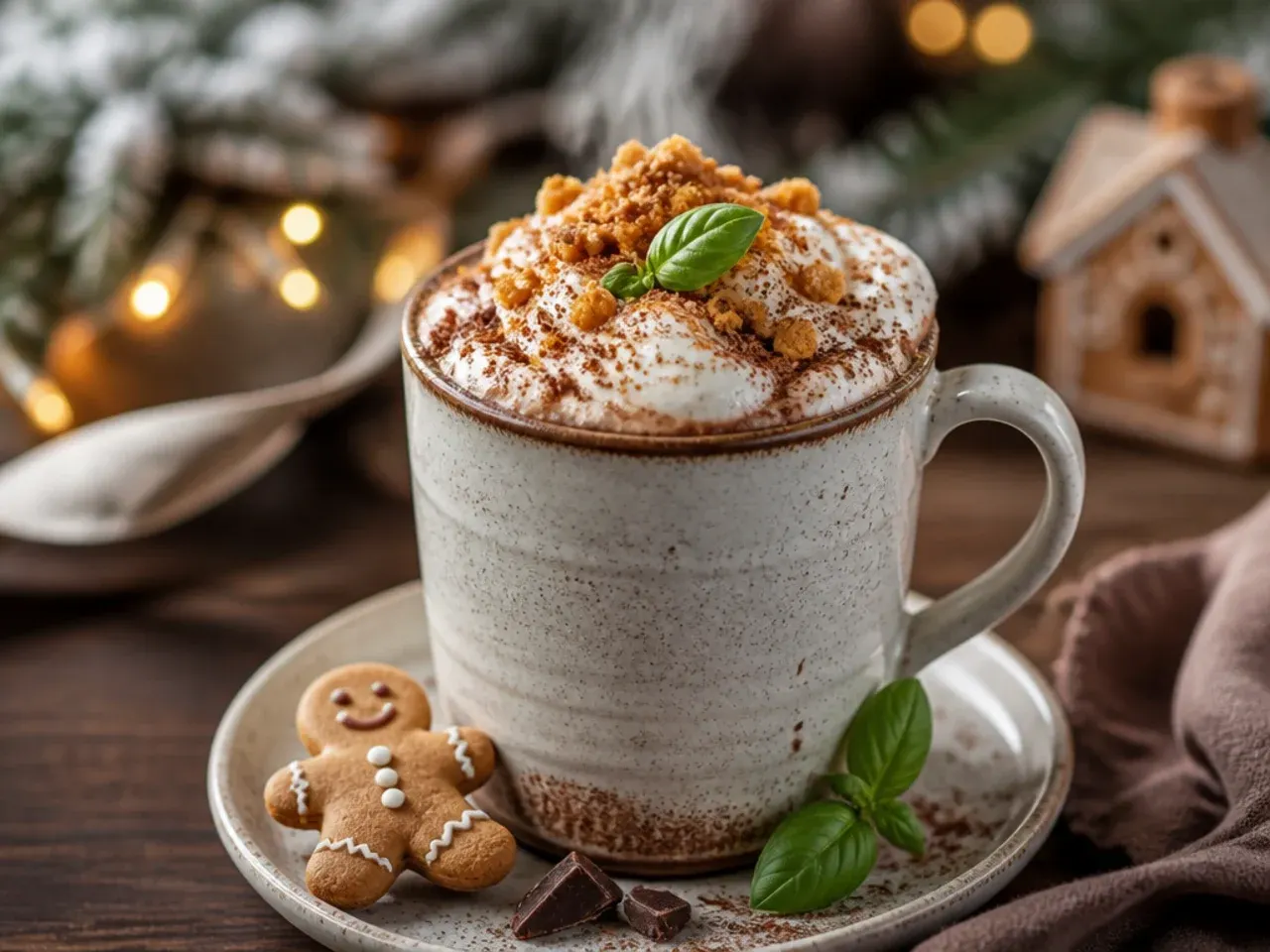 Gingerbread-spiced hot chocolate with a cinnamon stick and festive mug
