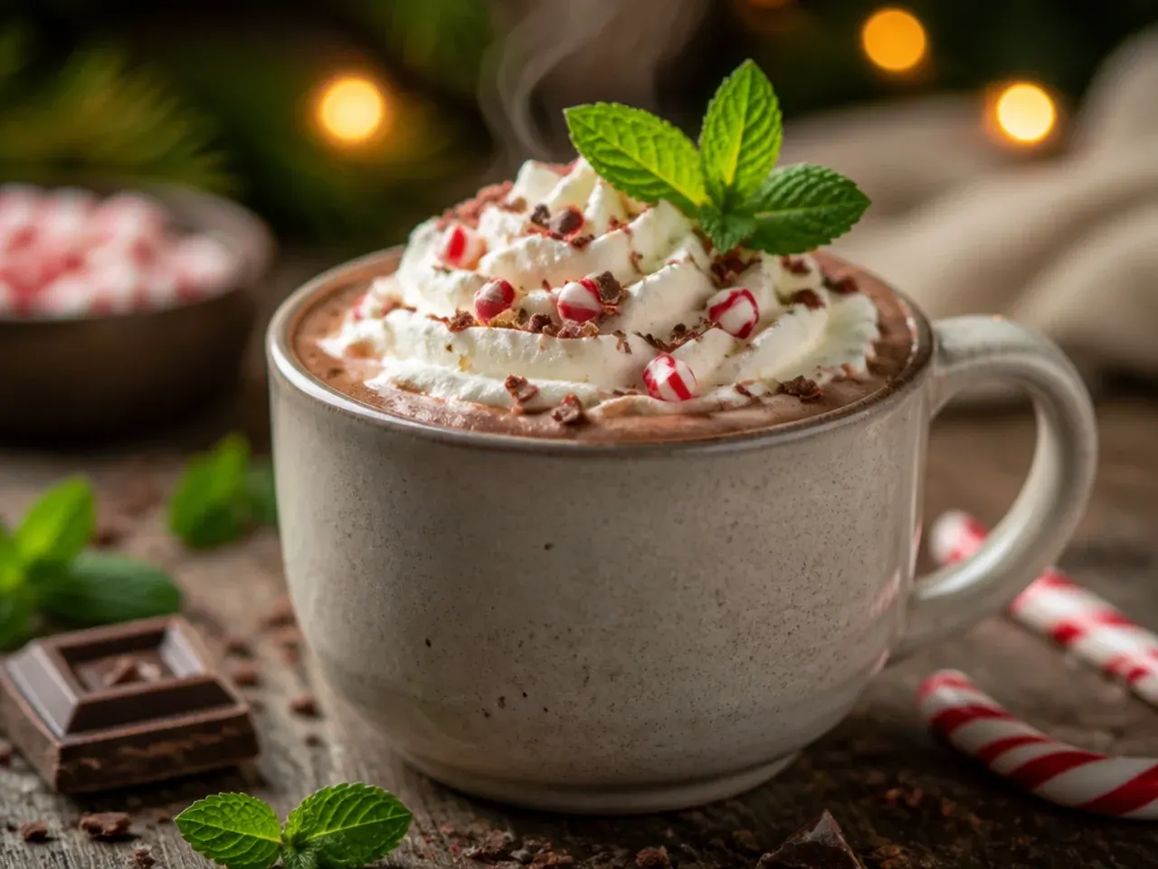 Peppermint mocha hot chocolate topped with crushed candy cane