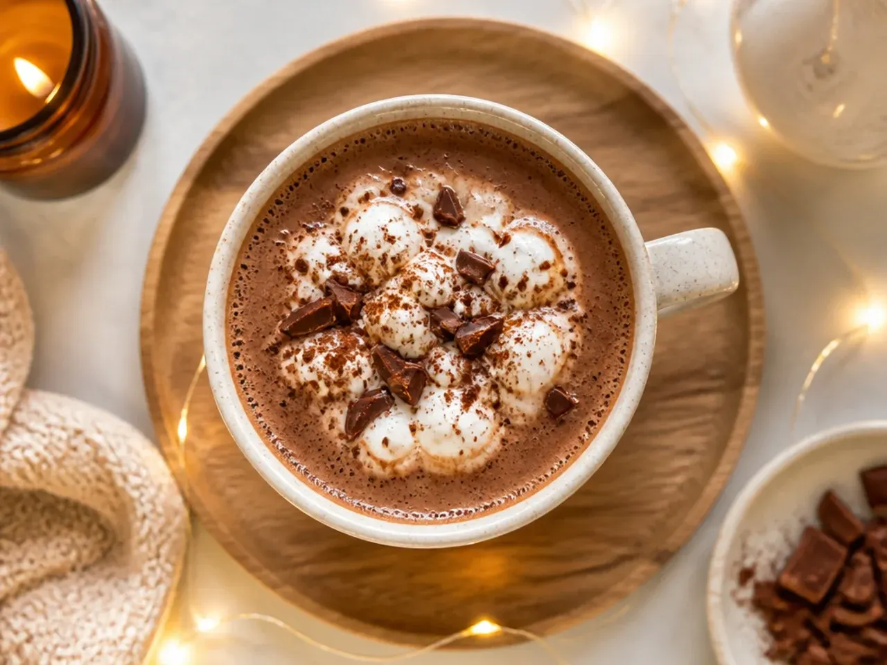 Dairy-free hot chocolate made with oat milk in a rustic mug