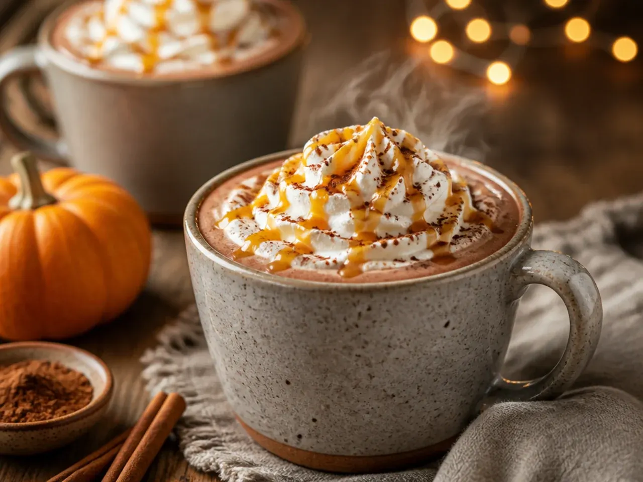 Pumpkin spice hot chocolate topped with cream and a sprinkle of spice