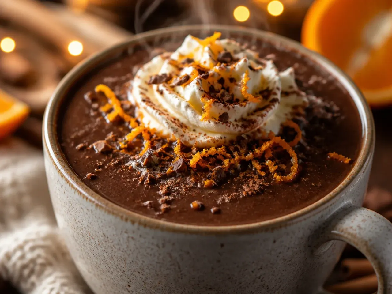 Dark hot chocolate garnished with a curl of orange zest
