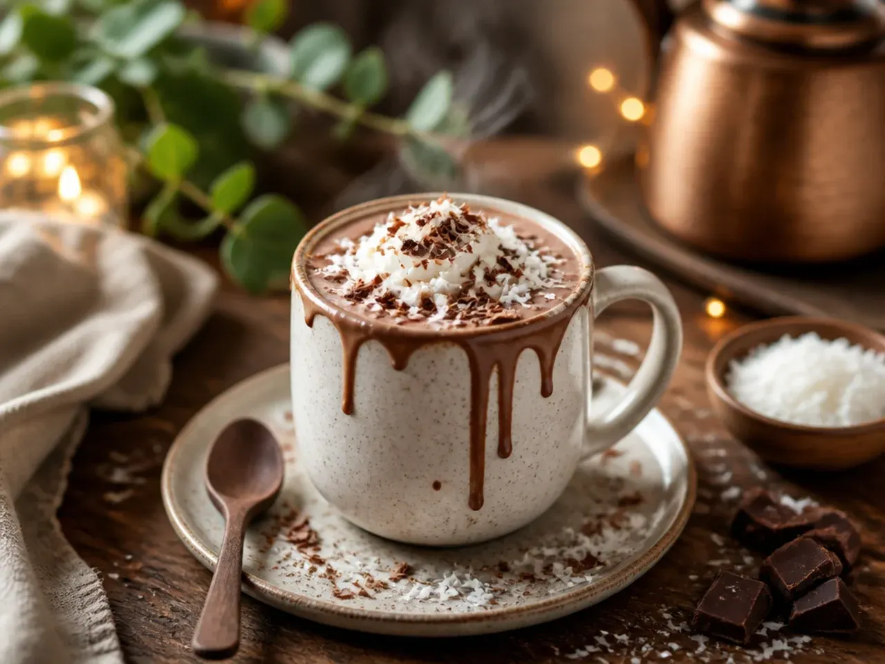 Coconut milk hot chocolate topped with toasted coconut flakes