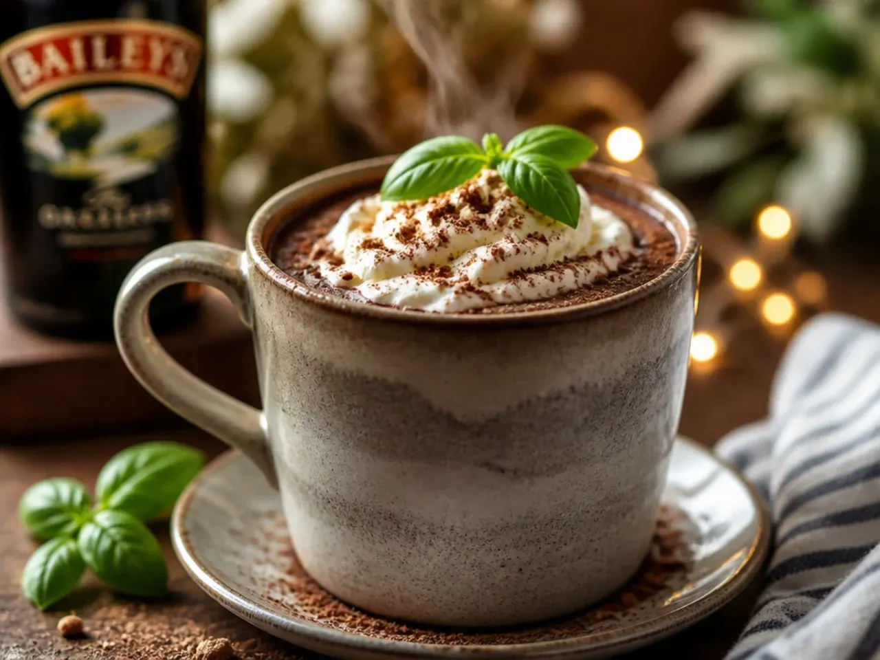 Boozy hot chocolate with a splash of liqueur and cream on top