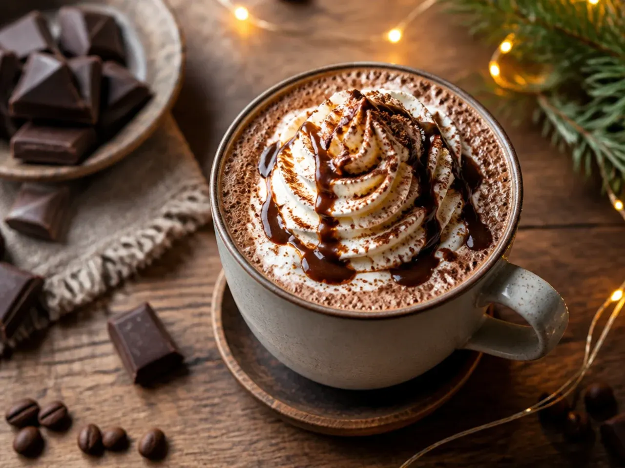 Mocha hot chocolate with a shot of espresso being poured in