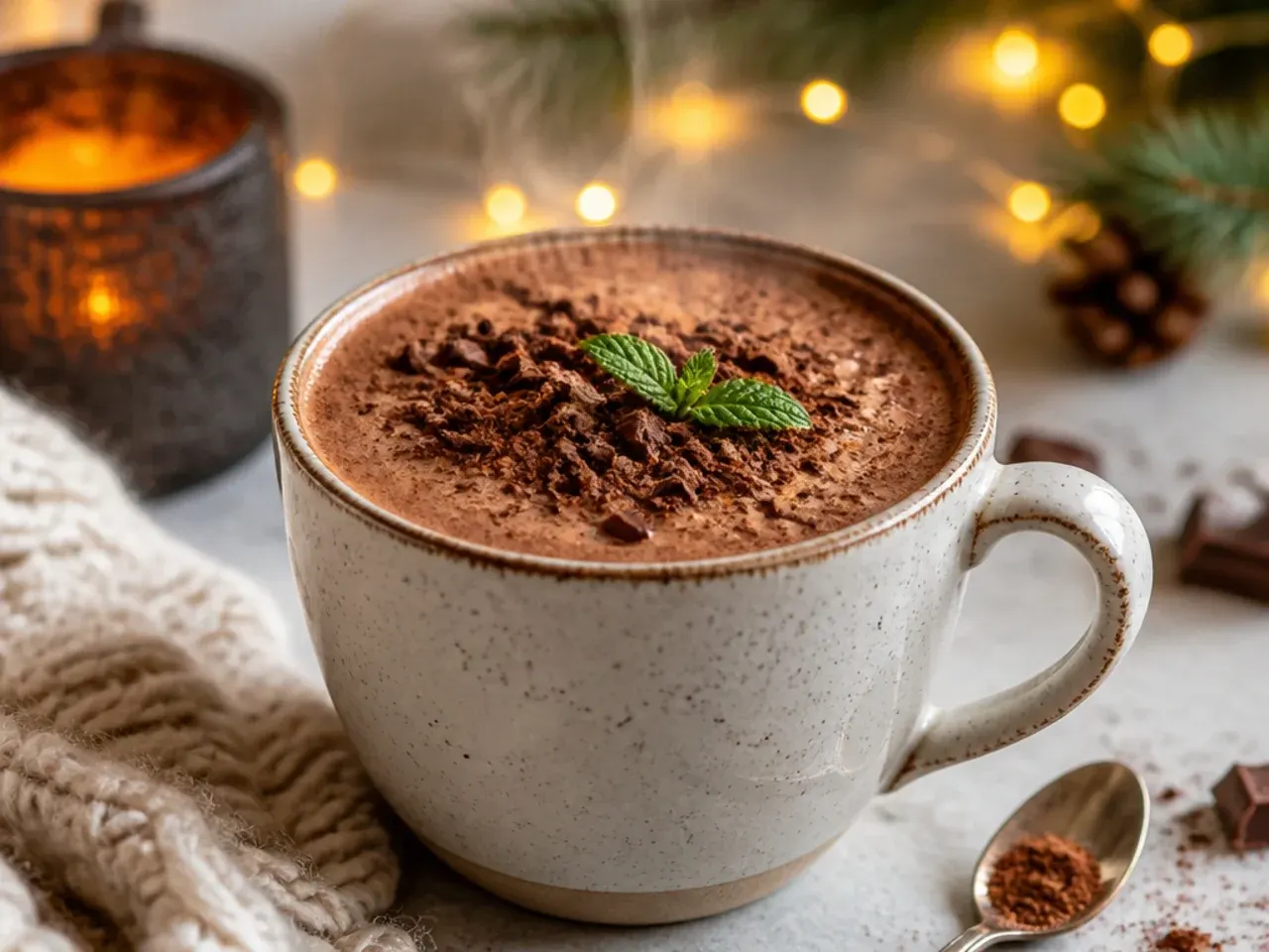 Light low-sugar hot chocolate dusted with cocoa powder
