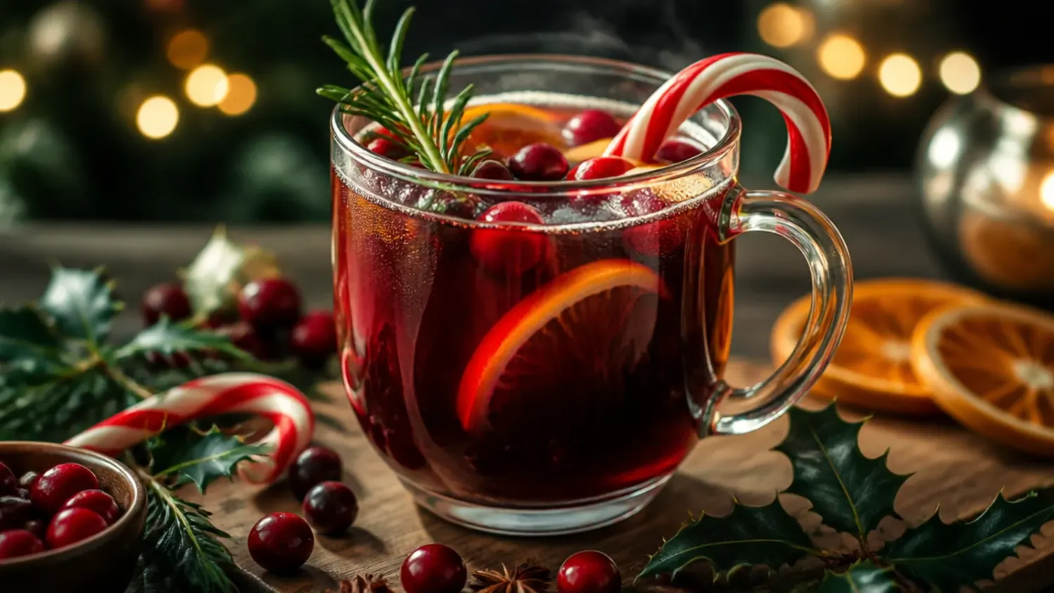 A wooden tray of steaming hot Christmas drinks in glass mugs, garnished with cinnamon sticks, orange slices and whipped cream, surrounded by fairy lights and pine sprigs