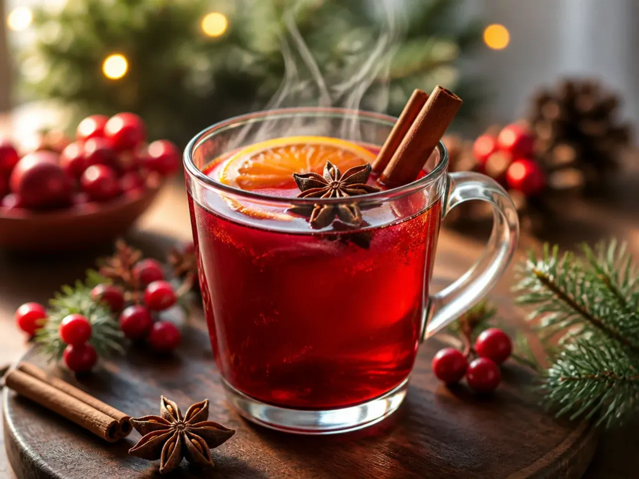 Overhead shot of several different hot Christmas drinks in mugs on a rustic wooden table with cinnamon sticks and holly