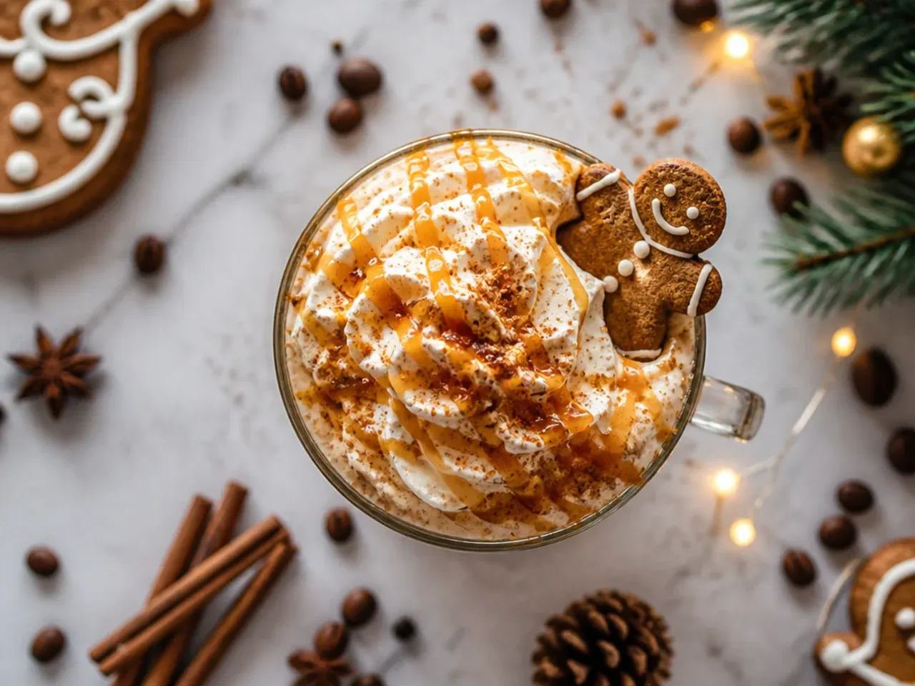 Iced gingerbread coffee in a tall glass with caramel drizzle and ice cubes, cinnamon stick garnish