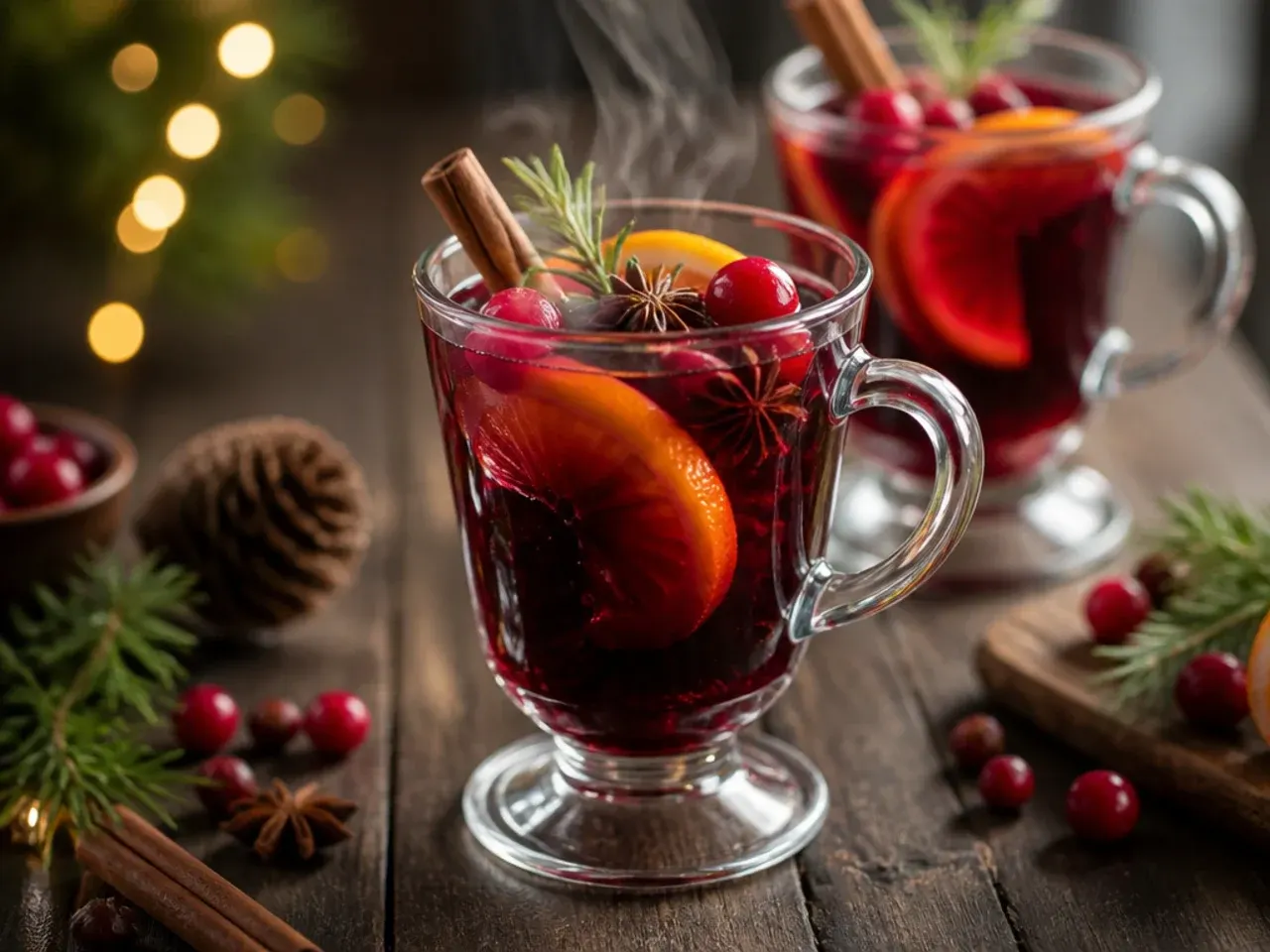 A ladle pouring steaming mulled wine into a glass mug garnished with orange slice and cinnamon stick
