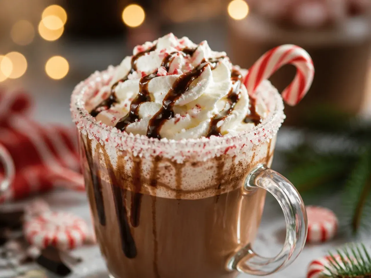 Peppermint mocha in a glass mug topped with whipped cream and crushed candy cane pieces