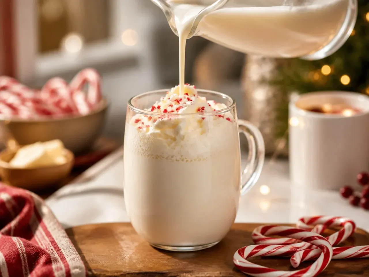Creamy white hot chocolate in a mug with white chocolate shavings and a dusting of cinnamon on top