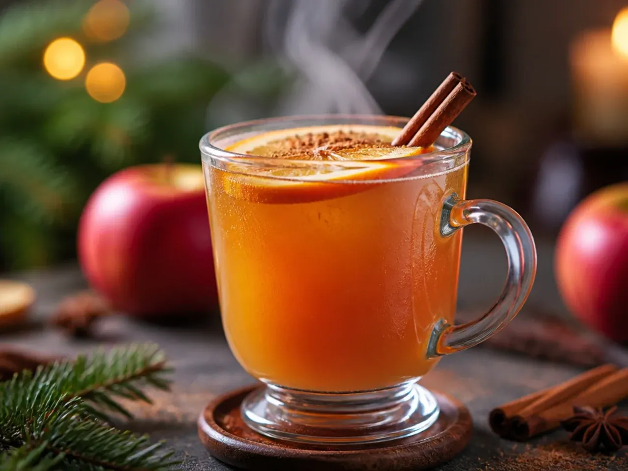 Spiced bourbon apple cider in a mug with a cinnamon-sugar rim and a fanned apple slice garnish