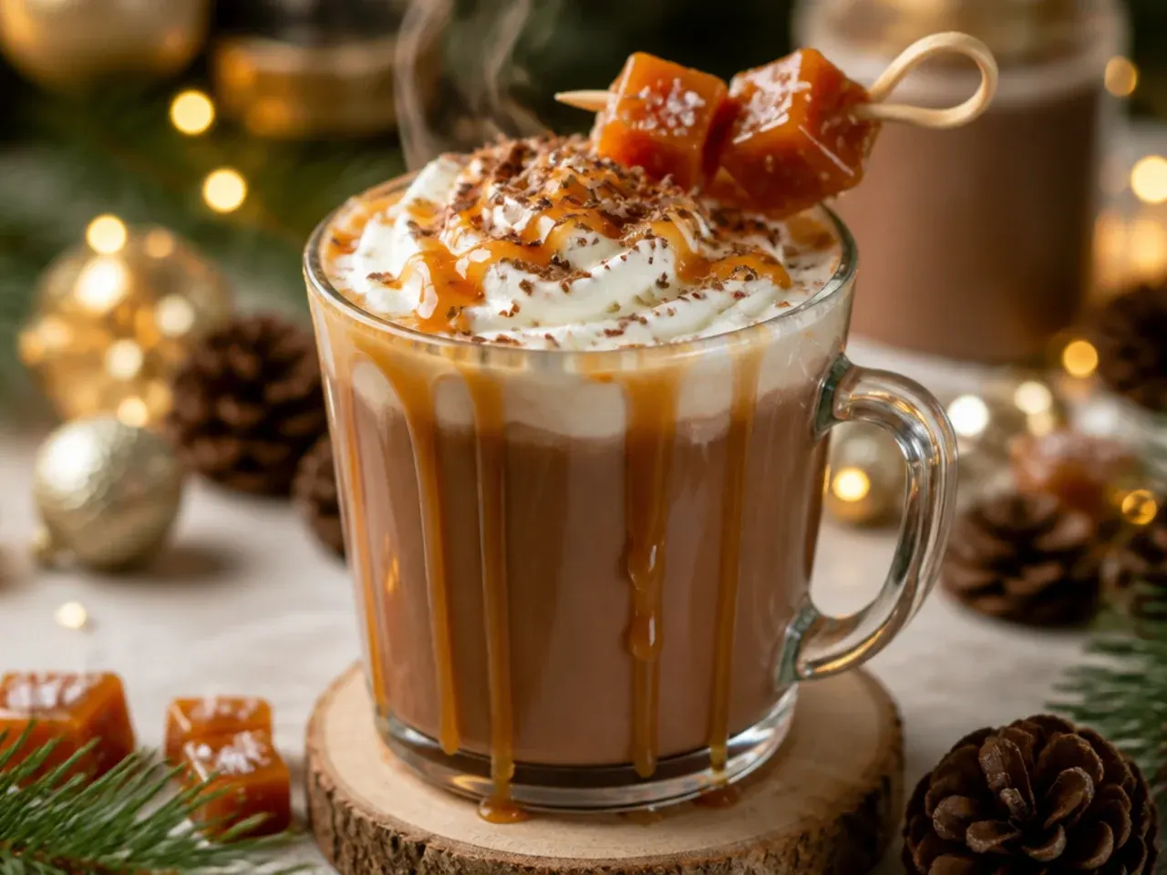 Salted caramel hot chocolate topped with whipped cream, caramel drizzle and a pinch of sea salt flakes