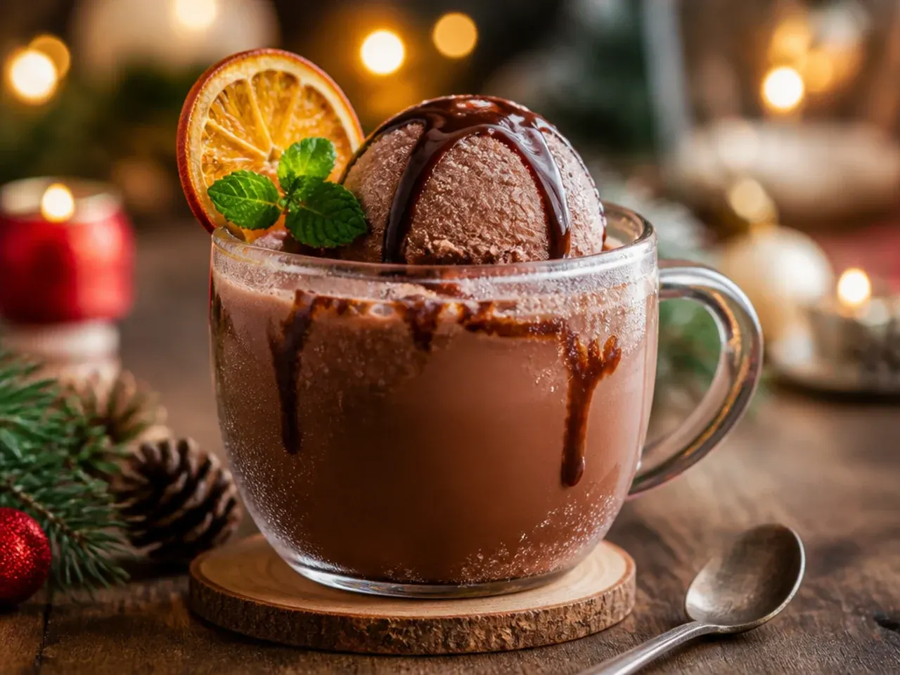 A hot chocolate bomb melting in a mug as hot milk is poured over it, releasing cocoa powder and marshmallows