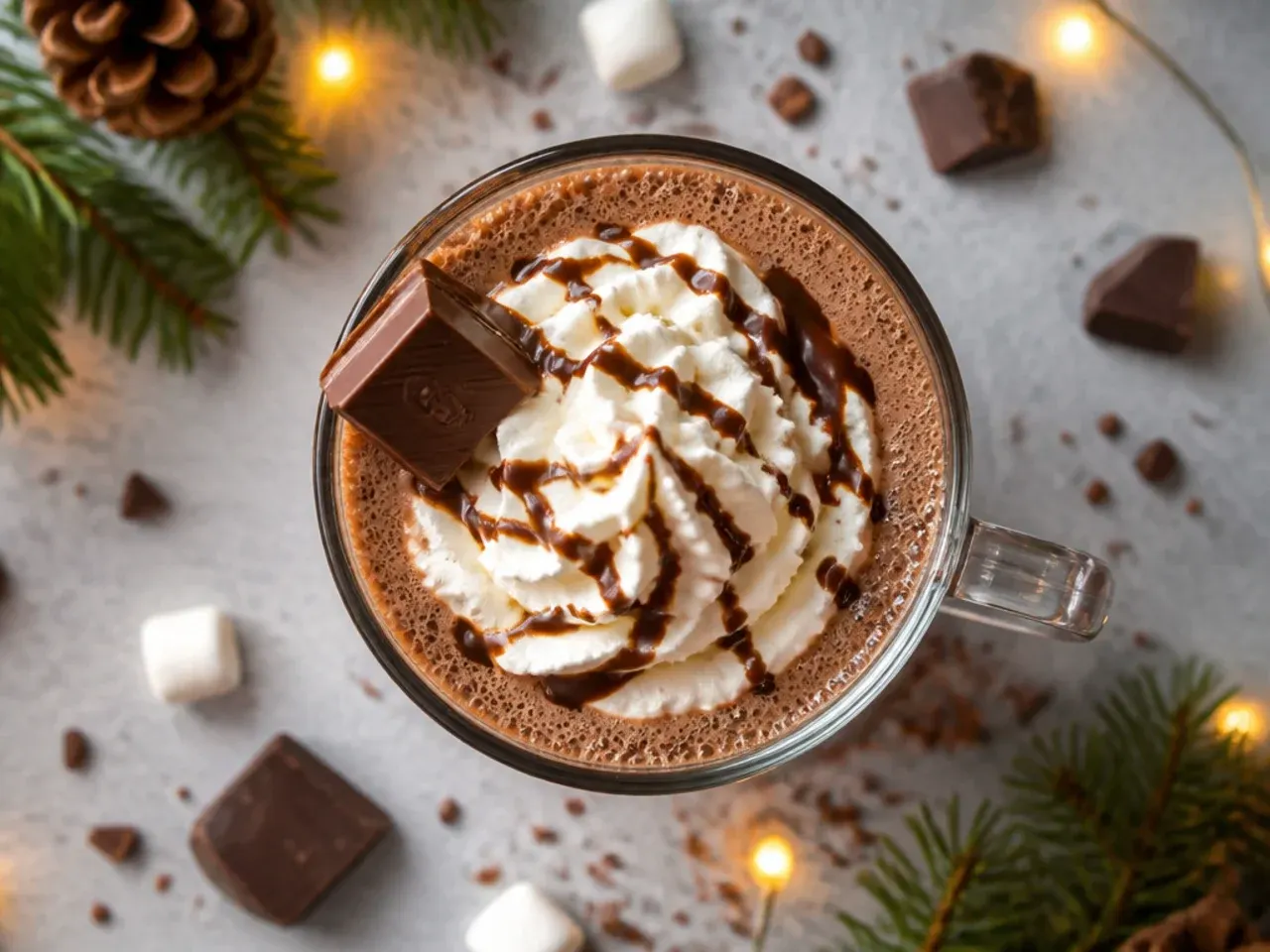 A simple mug of hot chocolate with mini marshmallows on top, steam rising, next to a saucepan