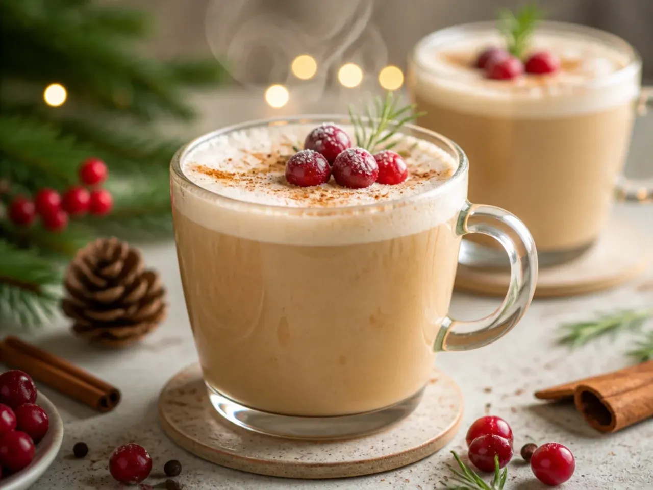 A frothy gingerbread steamer in a clear glass mug with cinnamon dusted on top and a gingerbread cookie on the side