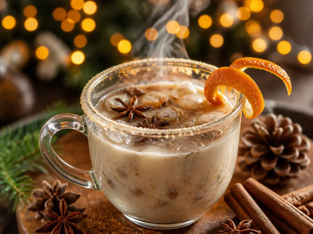 Chai eggnog latte in a mug with a dusting of fresh nutmeg on the foam