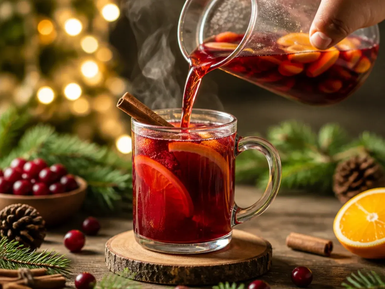 Festive cranberry mulled cider in a mug with orange slices and whole cloves floating on top