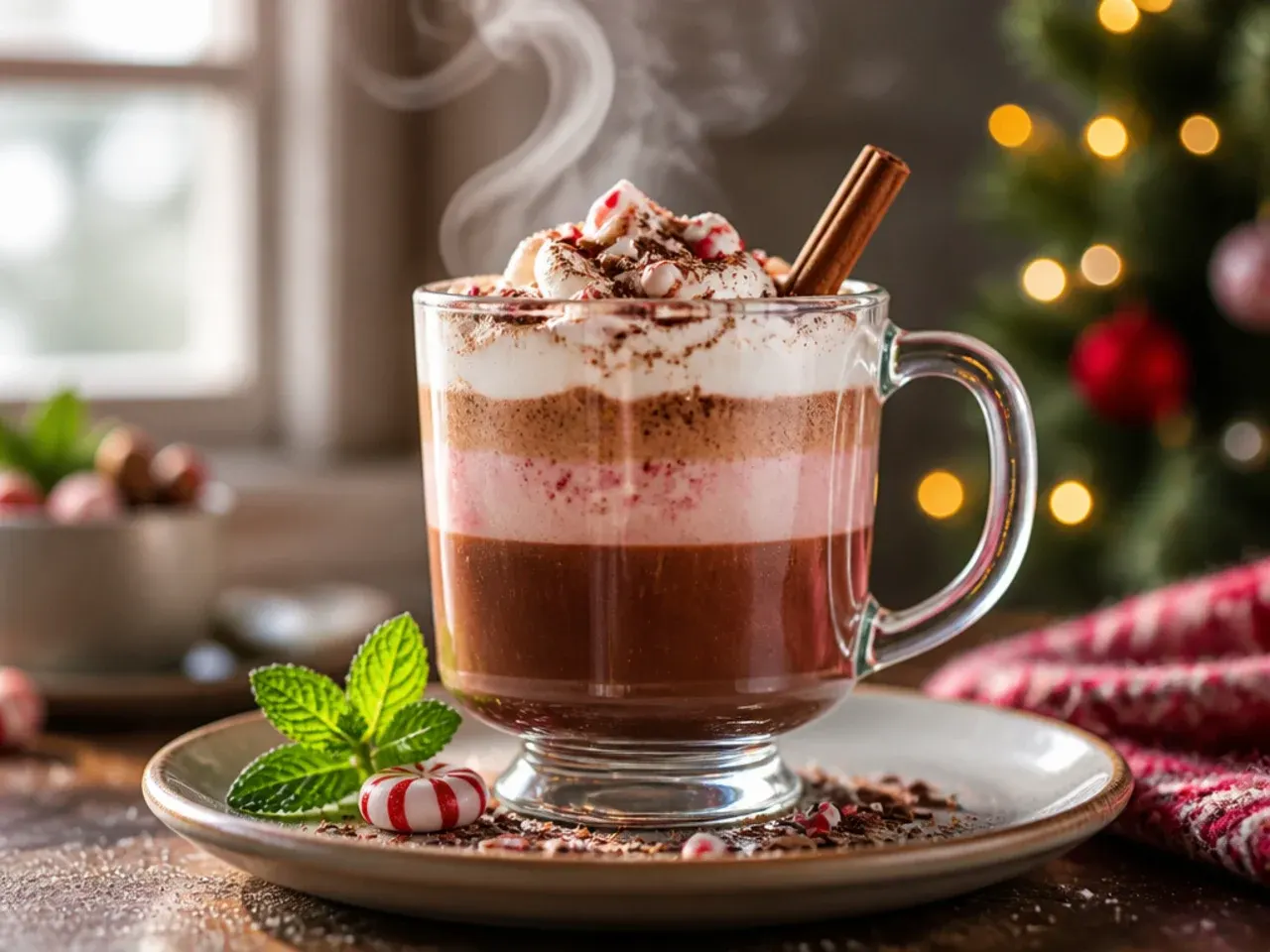 Layered peppermint hot chocolate in a clear glass mug showing distinct layers of chocolate, cream and crushed candy cane