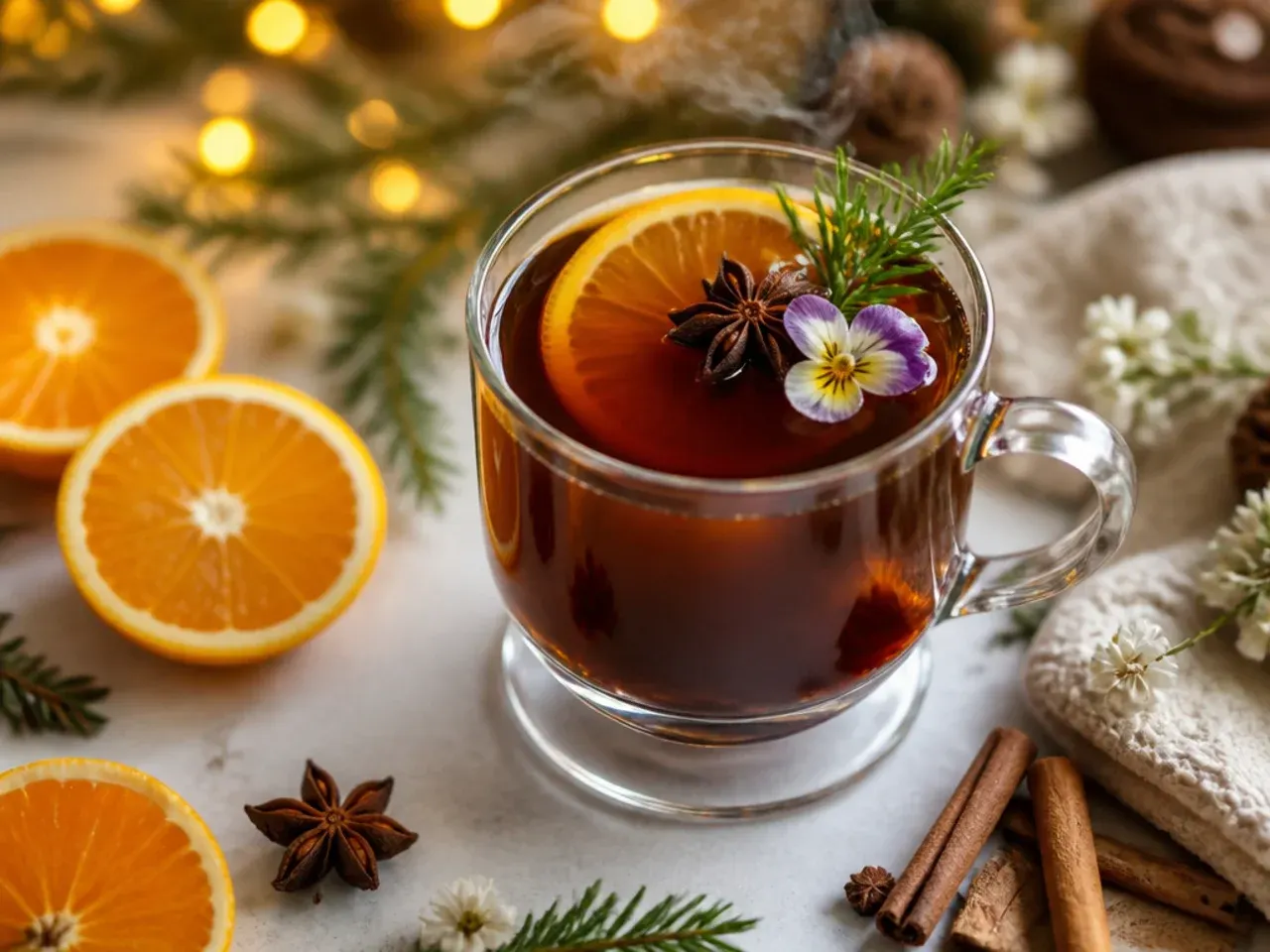 A bold spiced espresso toddy in a heatproof glass mug with a lemon twist and cinnamon stick garnish