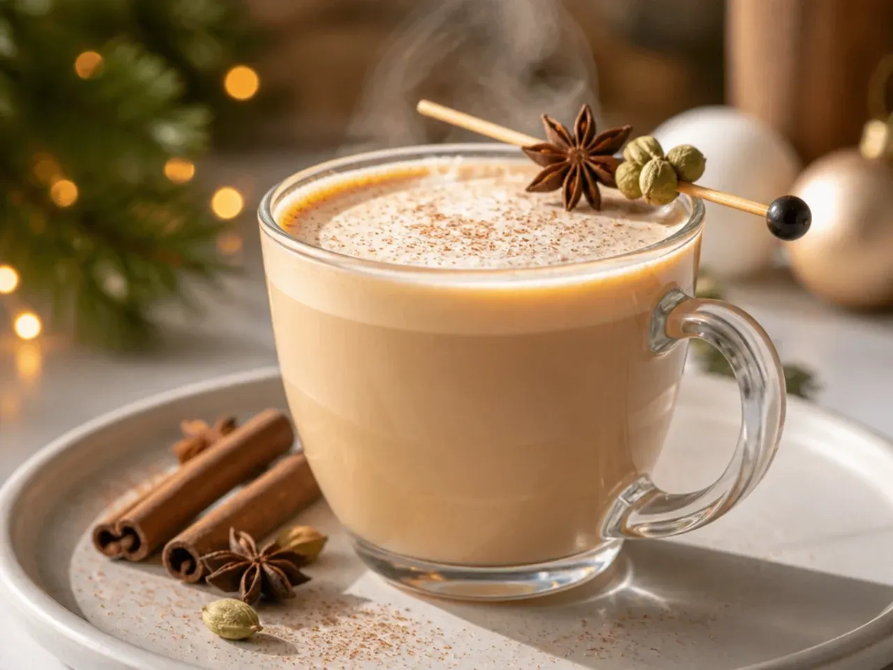 Smooth vanilla chai steamer in a mug with light foam on top and a dusting of cinnamon