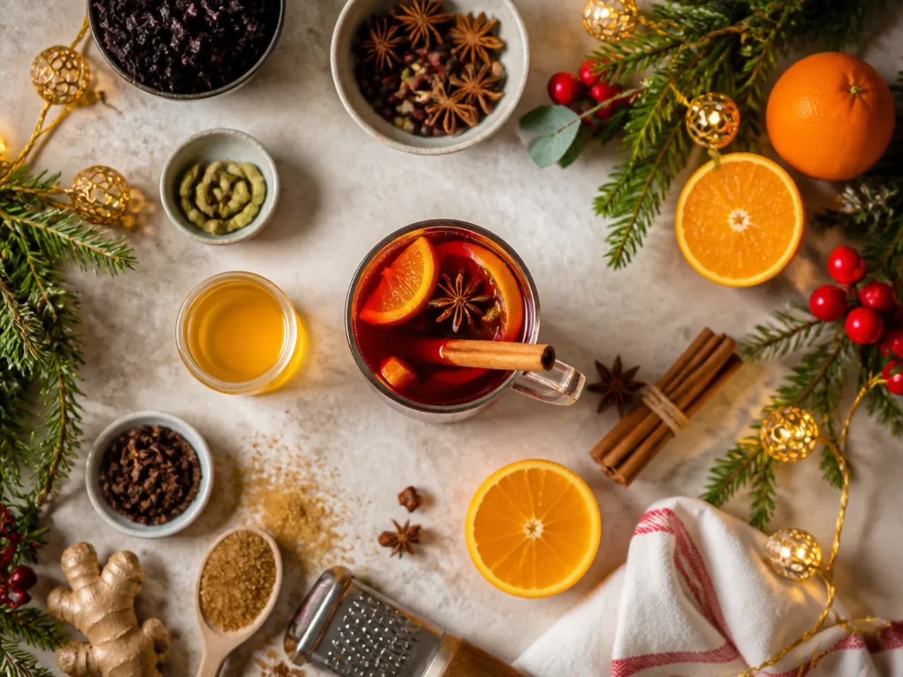 Close-up of hands warming a mug with hot water before pouring a hot Christmas drink