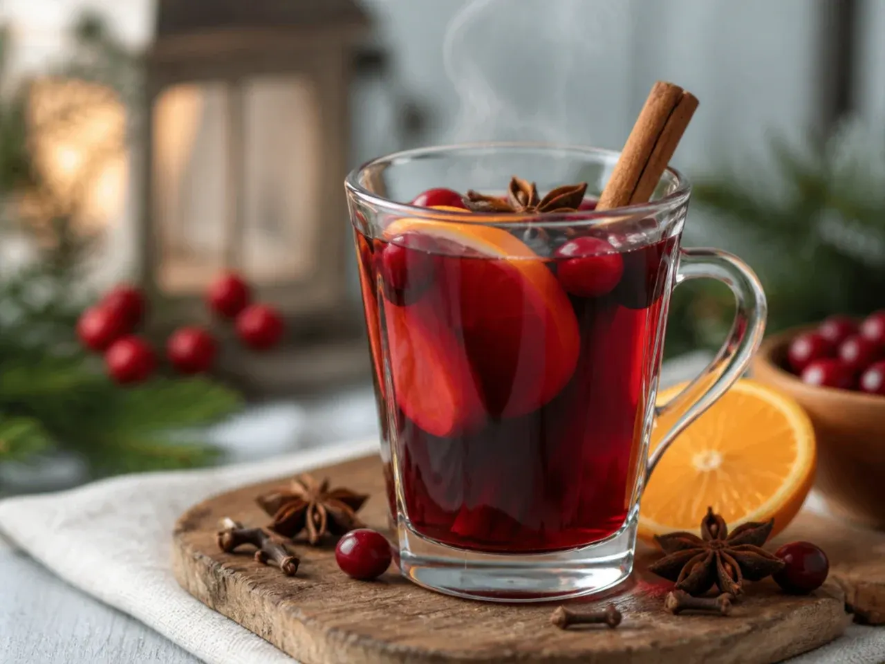 A garnish station with cinnamon sticks, orange slices, whipped cream and candy canes next to mugs of hot drinks