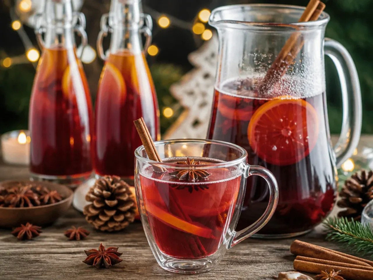 A slow cooker filled with mulled wine on a table set for a Christmas party, with mugs and garnishes nearby