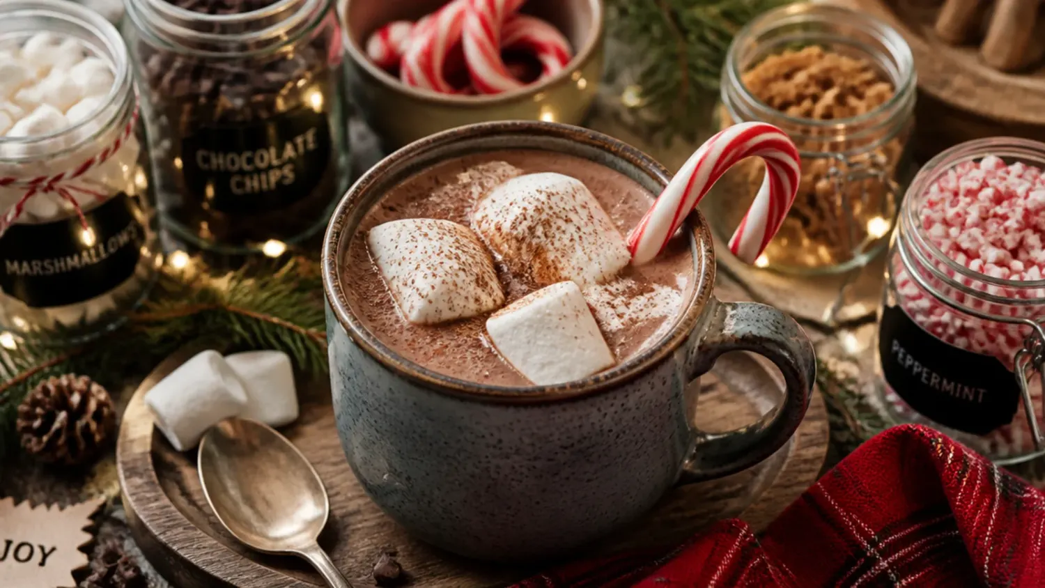 Christmas hot cocoa bar station with a pot of cocoa, mugs and bowls of festive toppings