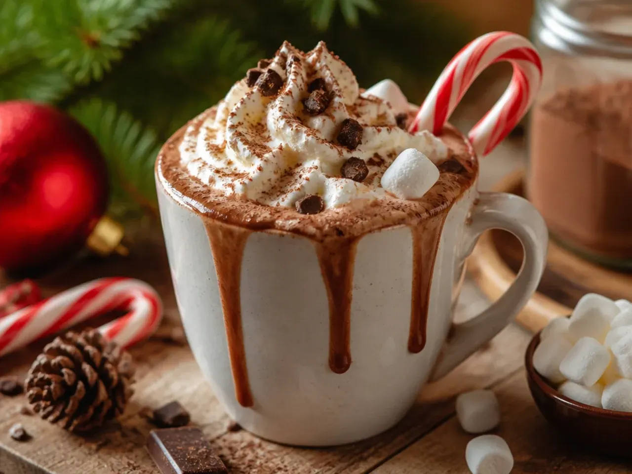 Overhead shot of a Christmas hot cocoa bar with mugs, toppings and garnishes laid out