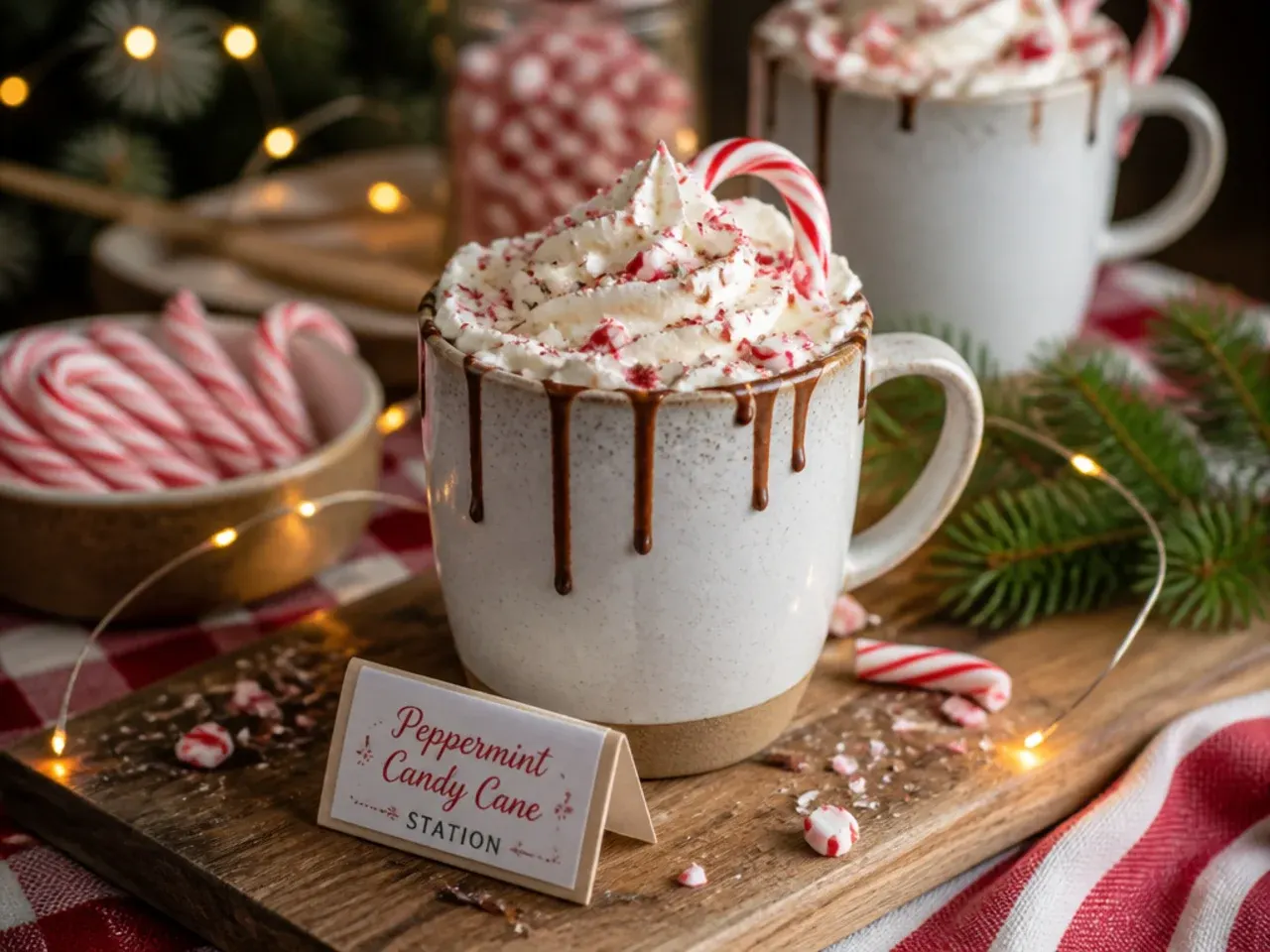 Hot cocoa topped with crushed candy cane pieces and a peppermint stick