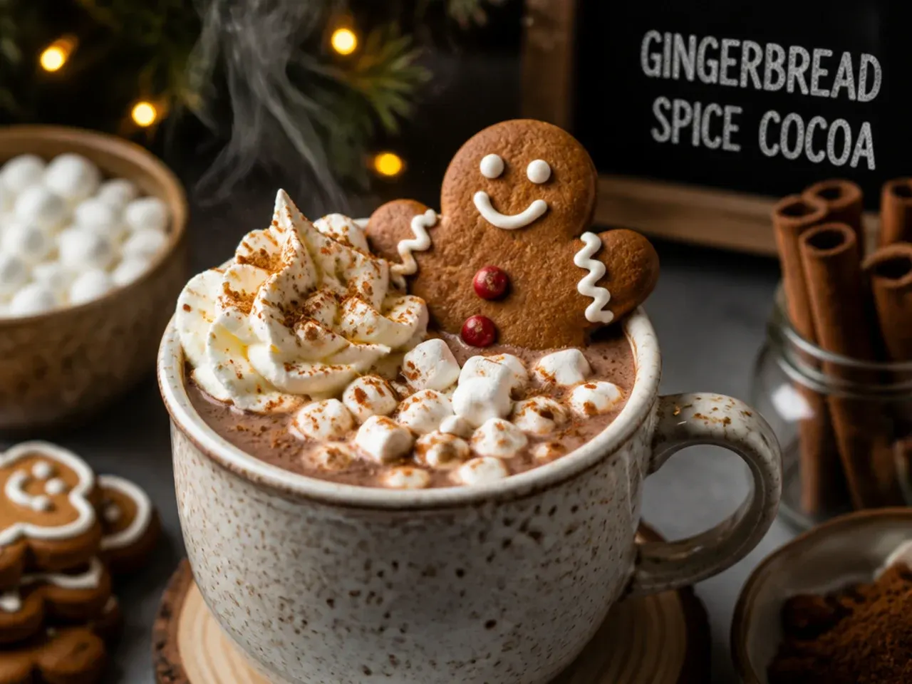 Gingerbread-spiced hot cocoa with a gingerbread biscuit on the saucer