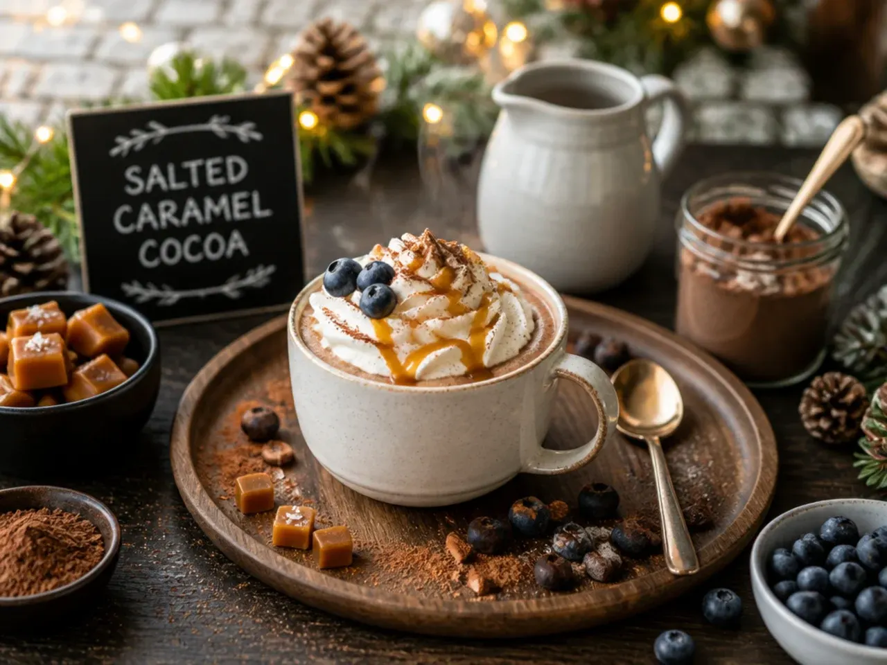 Hot cocoa mug drizzled with caramel sauce and a pinch of sea salt