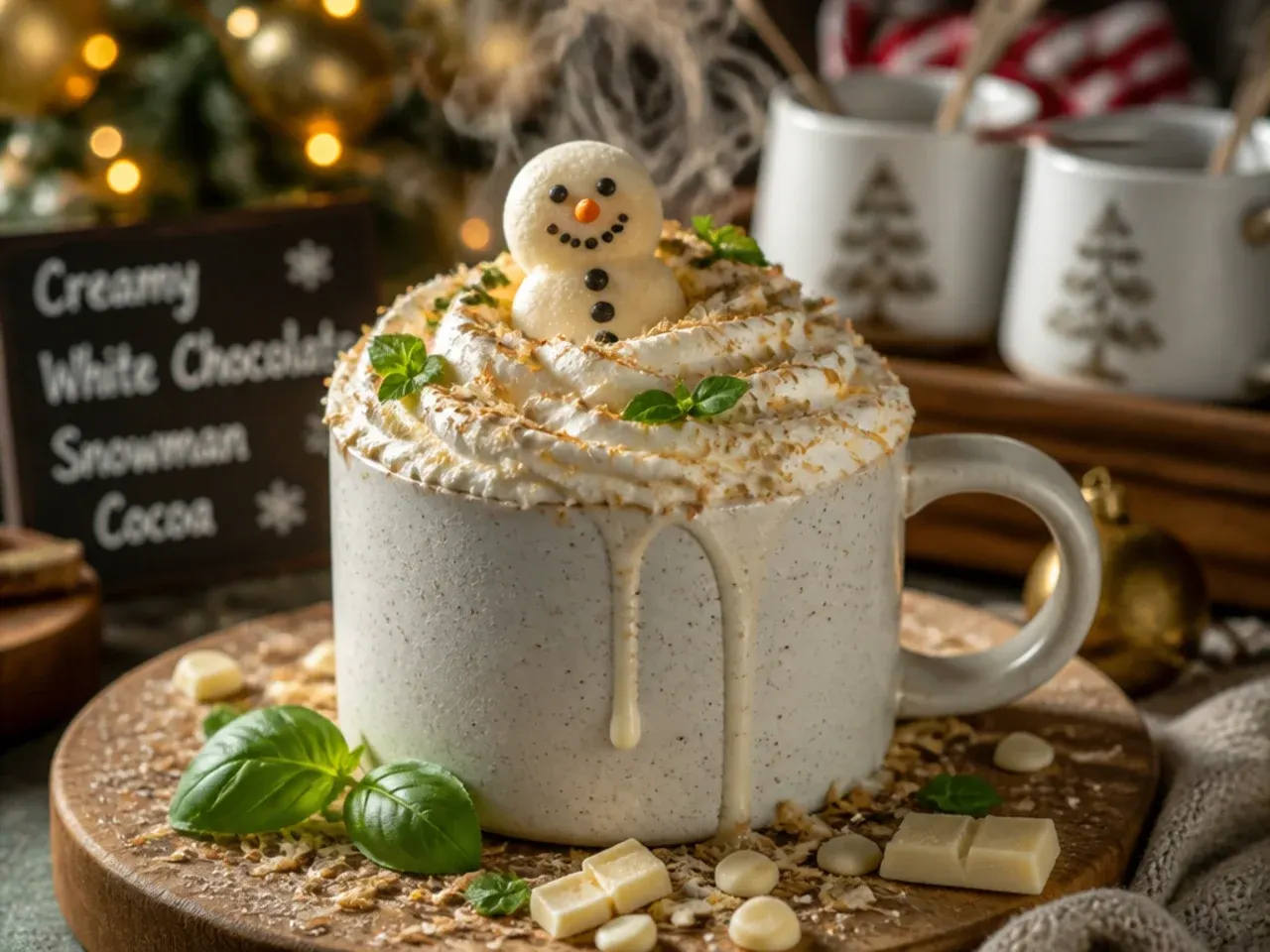 White hot chocolate topped with a stacked marshmallow snowman garnish