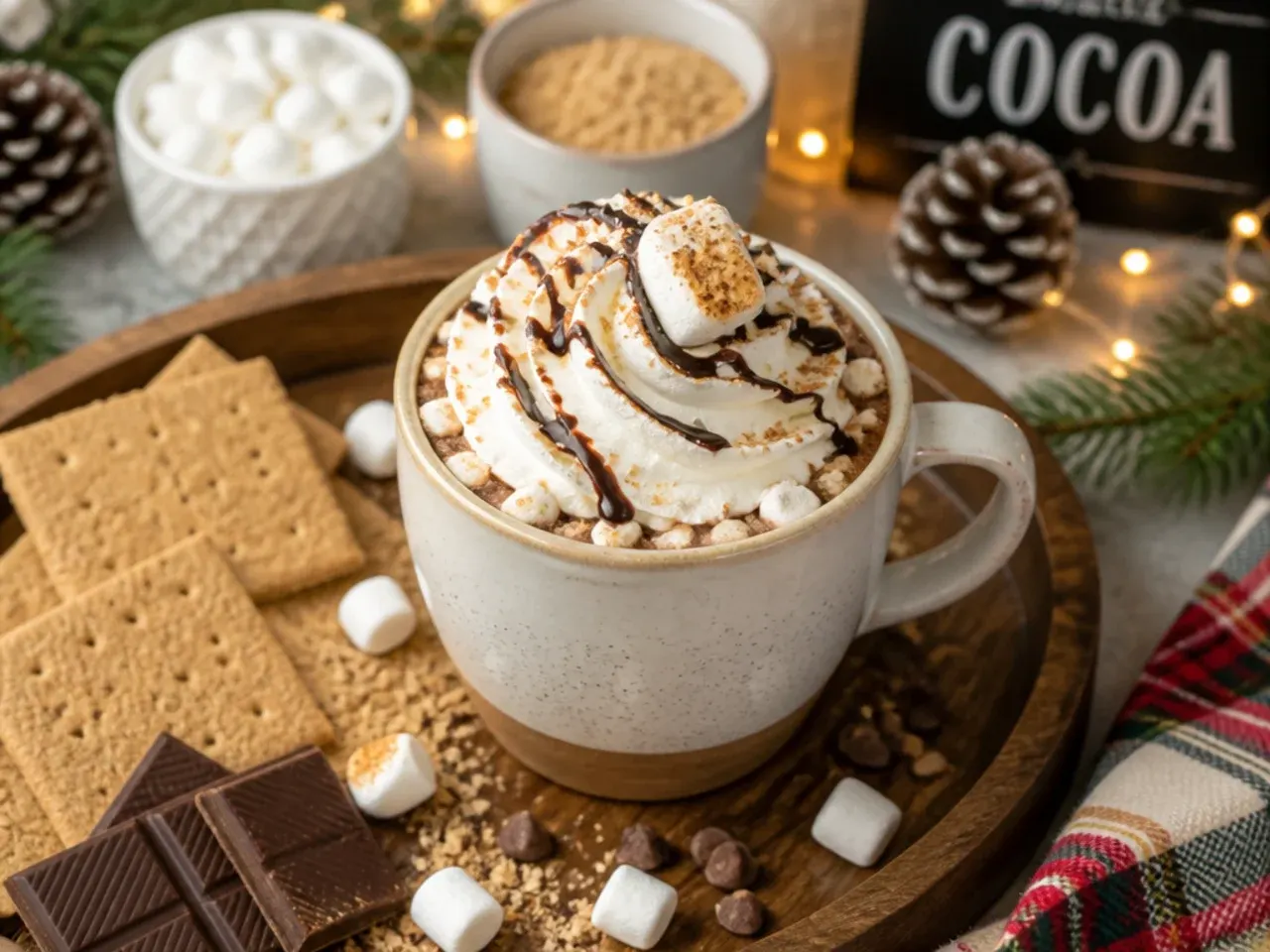 S'mores hot cocoa topped with toasted marshmallow and crushed biscuit