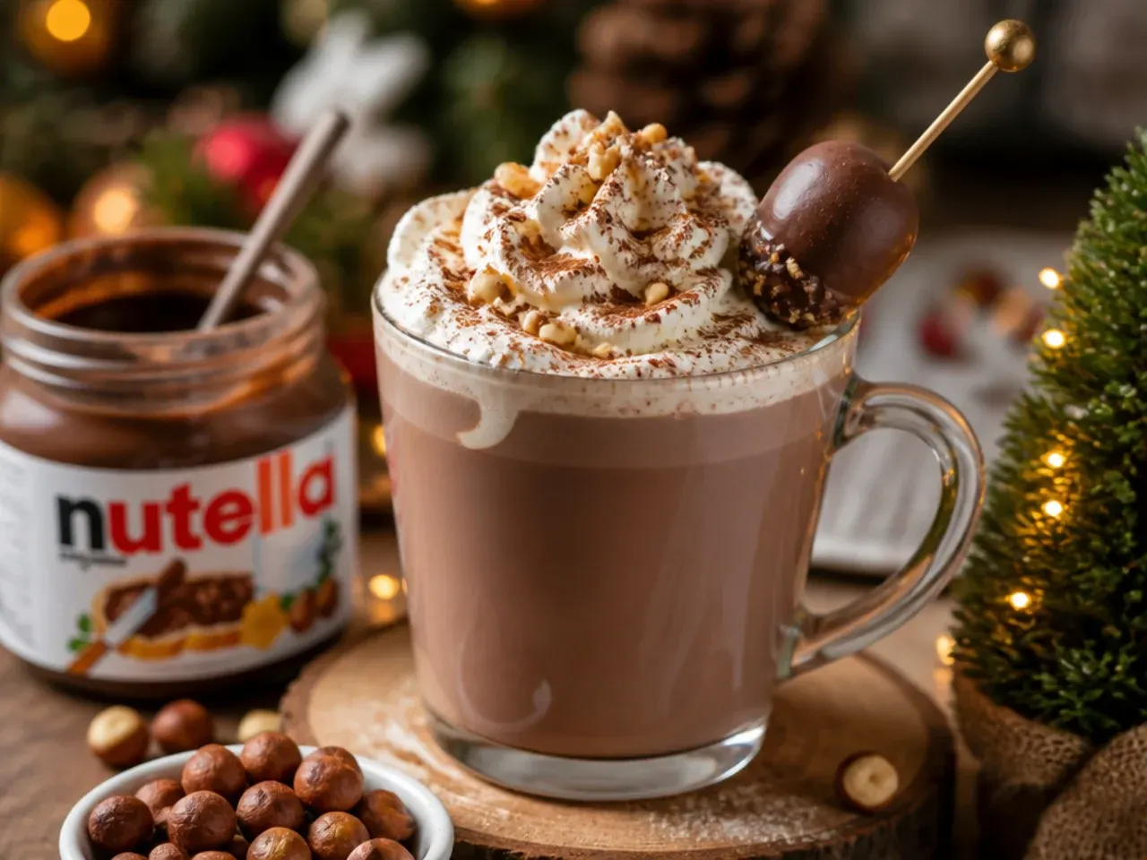 Nutella hazelnut hot cocoa topped with whipped cream and crushed hazelnuts