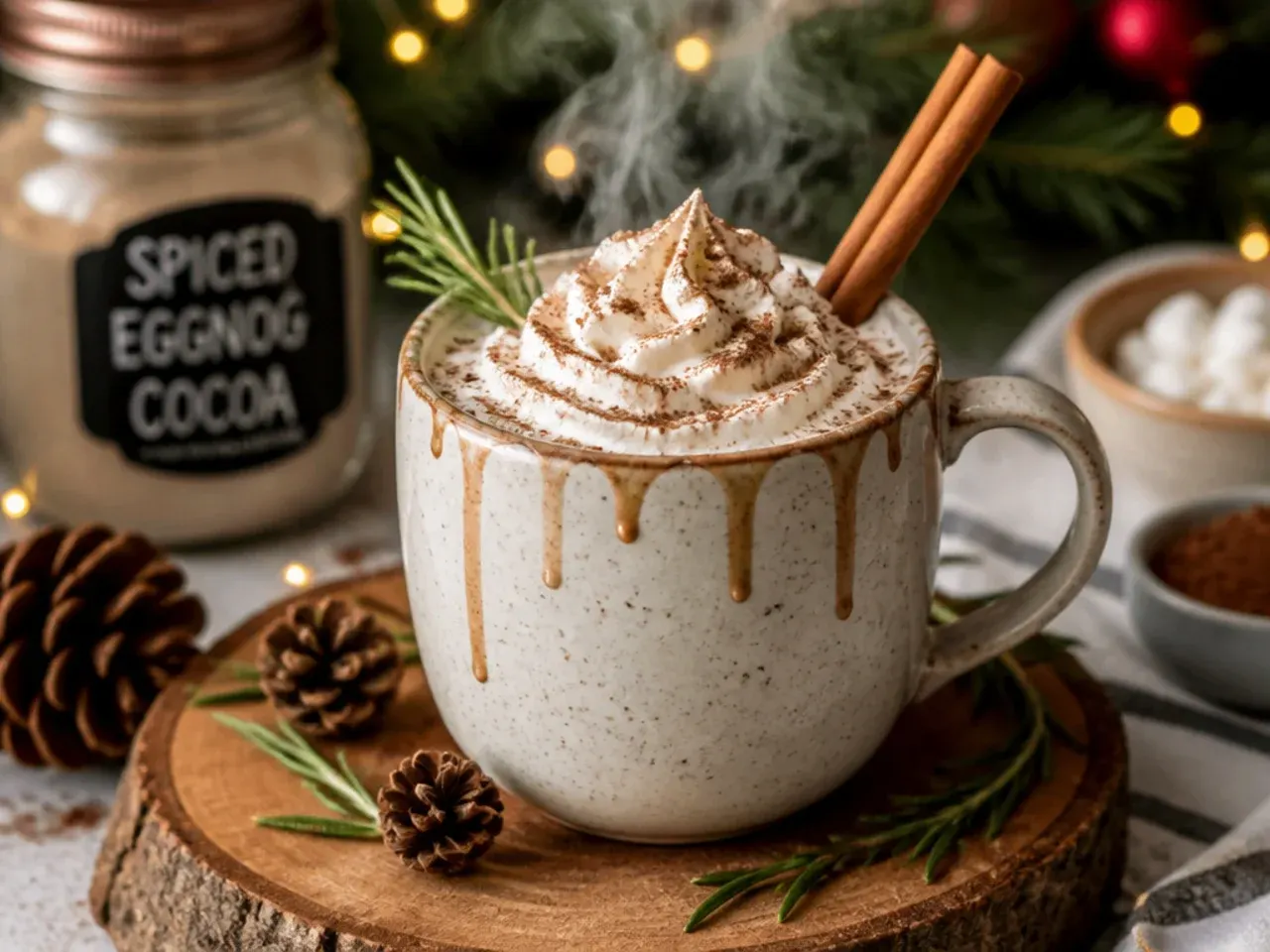 Eggnog hot cocoa dusted with nutmeg in a festive mug