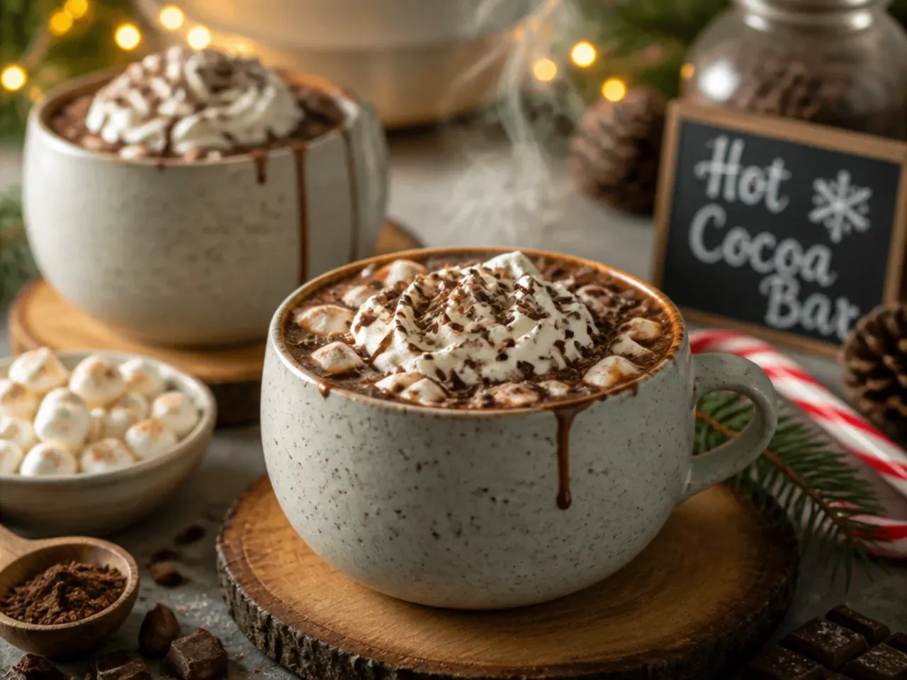 Slow cooker of hot cocoa with a ladle and stack of mugs nearby