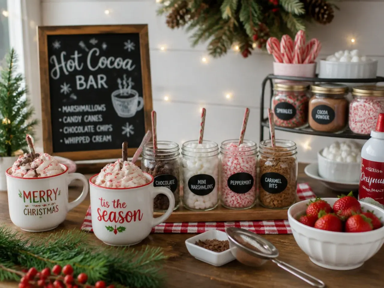Children's mugs of hot cocoa topped with marshmallows and sprinkles