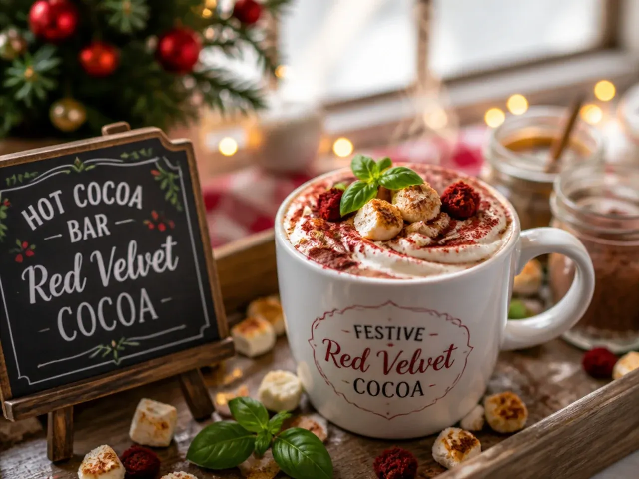 Red velvet hot cocoa in a clear glass mug topped with cream cheese frosting