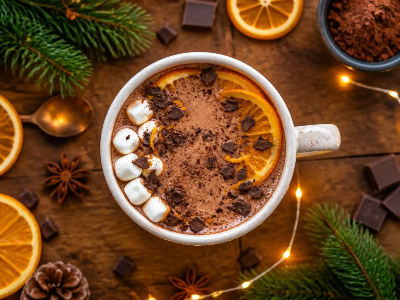 Dark hot cocoa garnished with a curl of orange peel