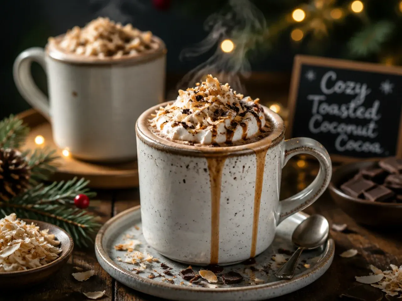Coconut hot cocoa topped with toasted coconut flakes