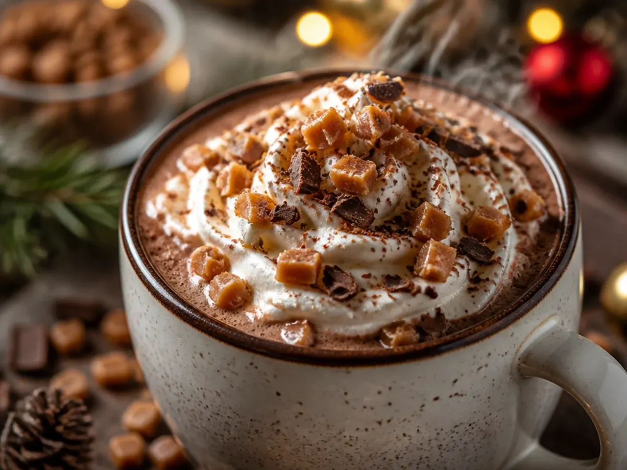 Toffee hot cocoa topped with crushed honeycomb pieces