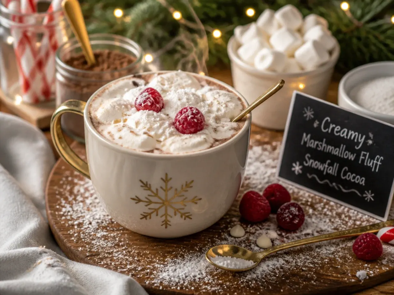 Hot cocoa swirled with marshmallow fluff and a toasted snowy top